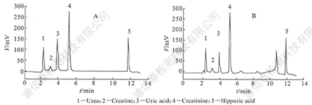 标准品和尿样中氮代谢物的液相色谱图