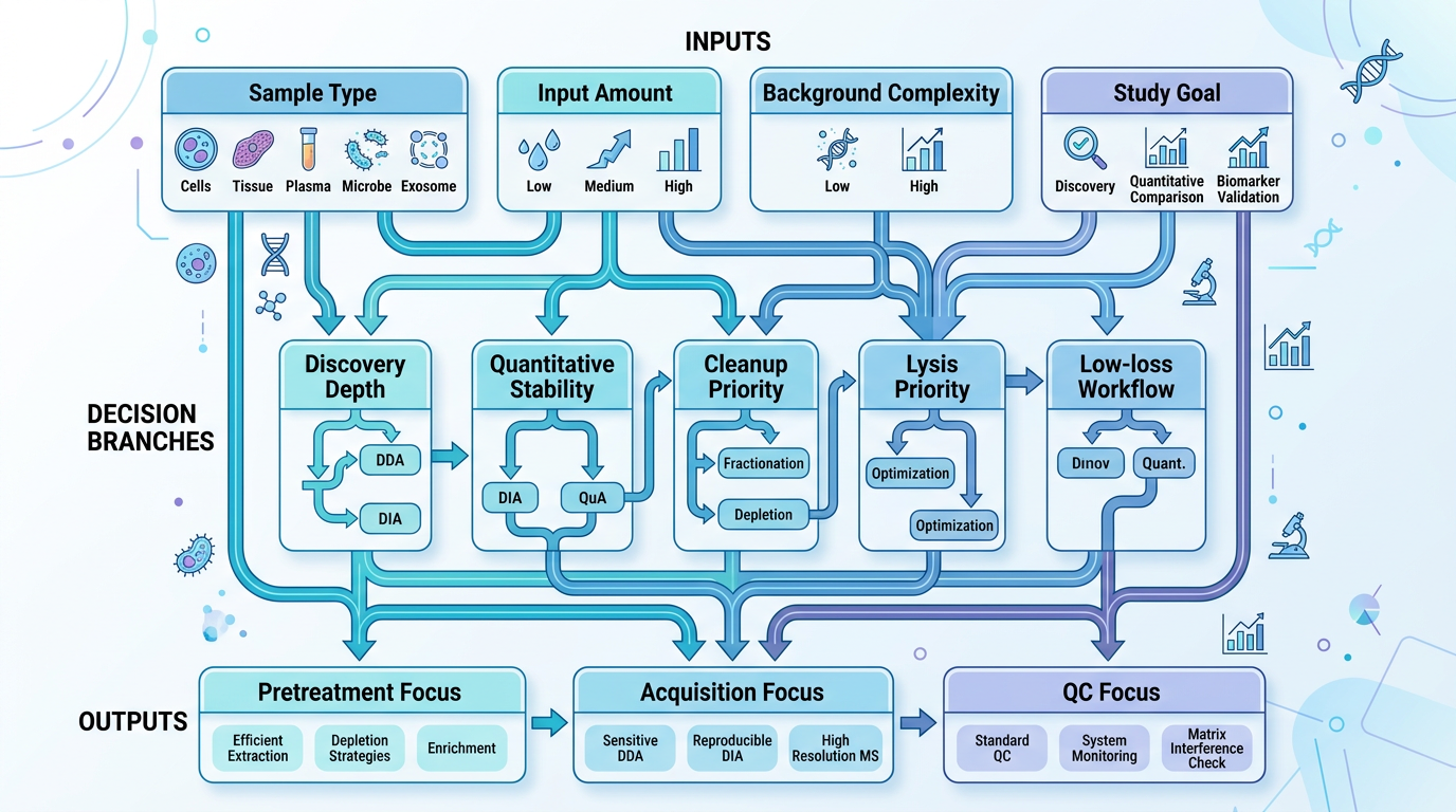 Framework for choosing pretreatment and acquisition strategy by sample type and research goal with English labels