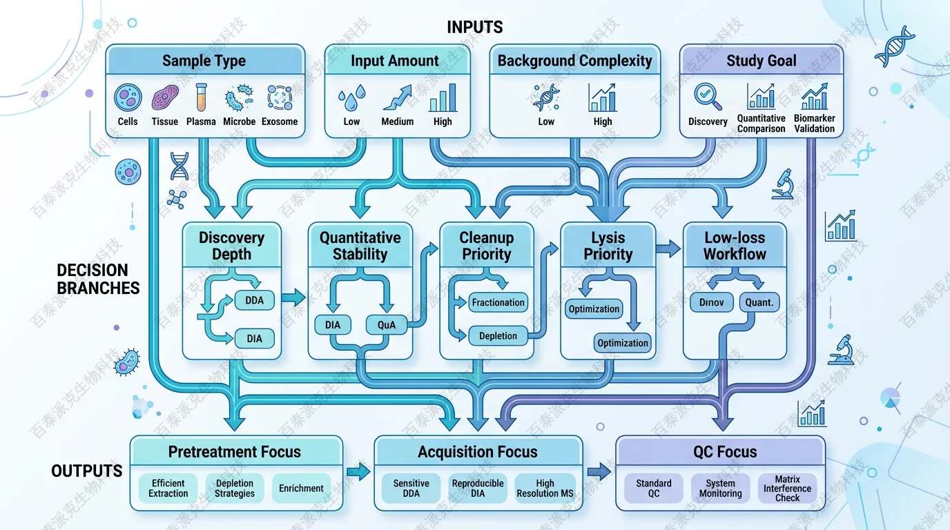 Framework for choosing pretreatment and acquisition strategy by sample type and research goal with English labels