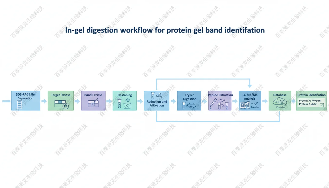 Flowchart of in-gel digestion and LC-MS/MS identification for protein gel bands with English labels
