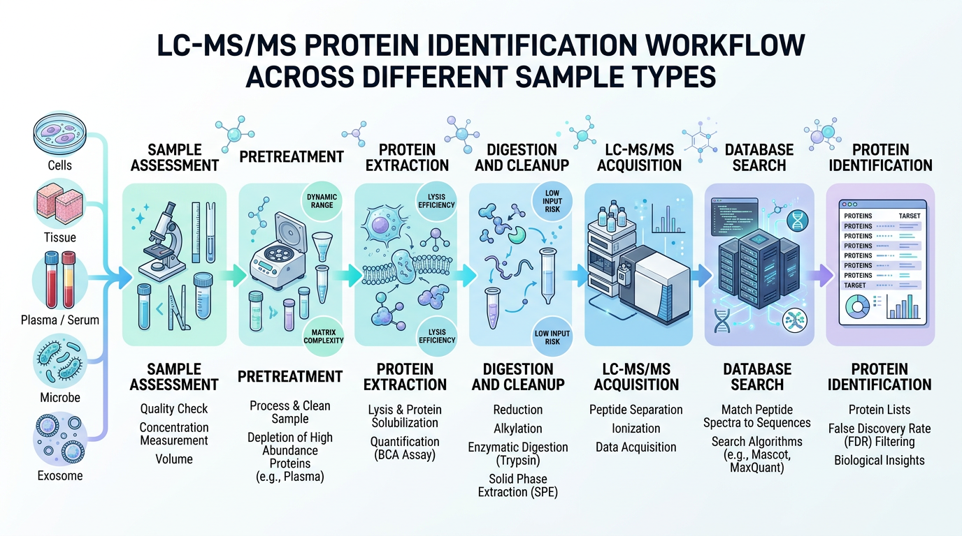 Flowchart of LC-MS/MS protein identification workflow across different sample types with English labels
