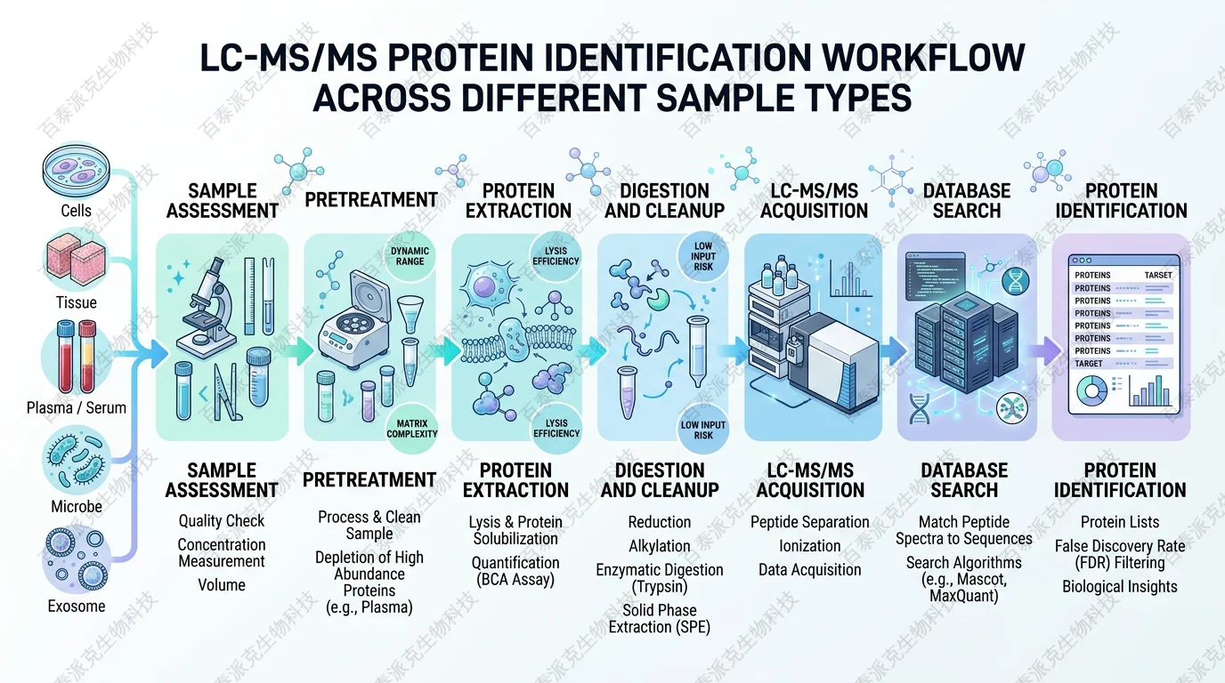 Flowchart of LC-MS/MS protein identification workflow across different sample types with English labels