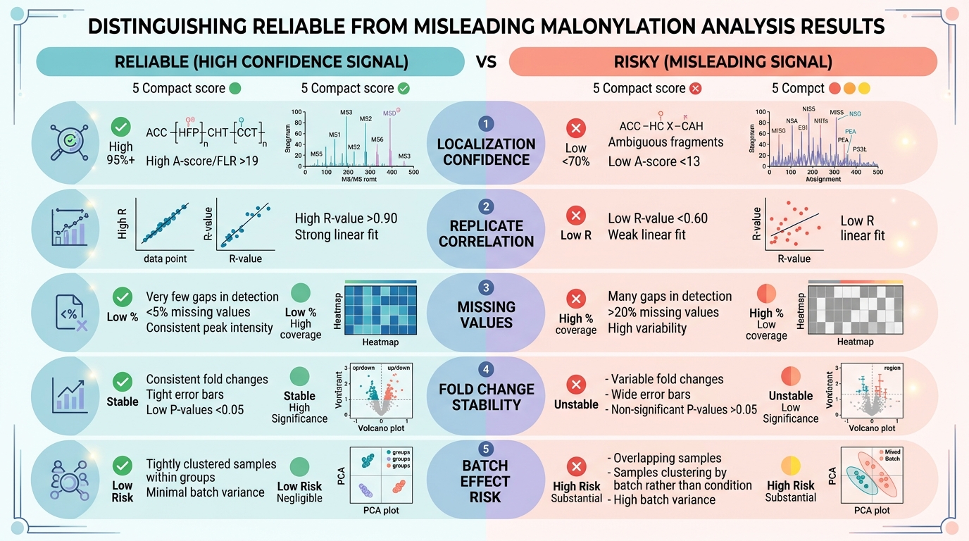 Comparison of reliable versus misleading malonylation analysis signals with English labels