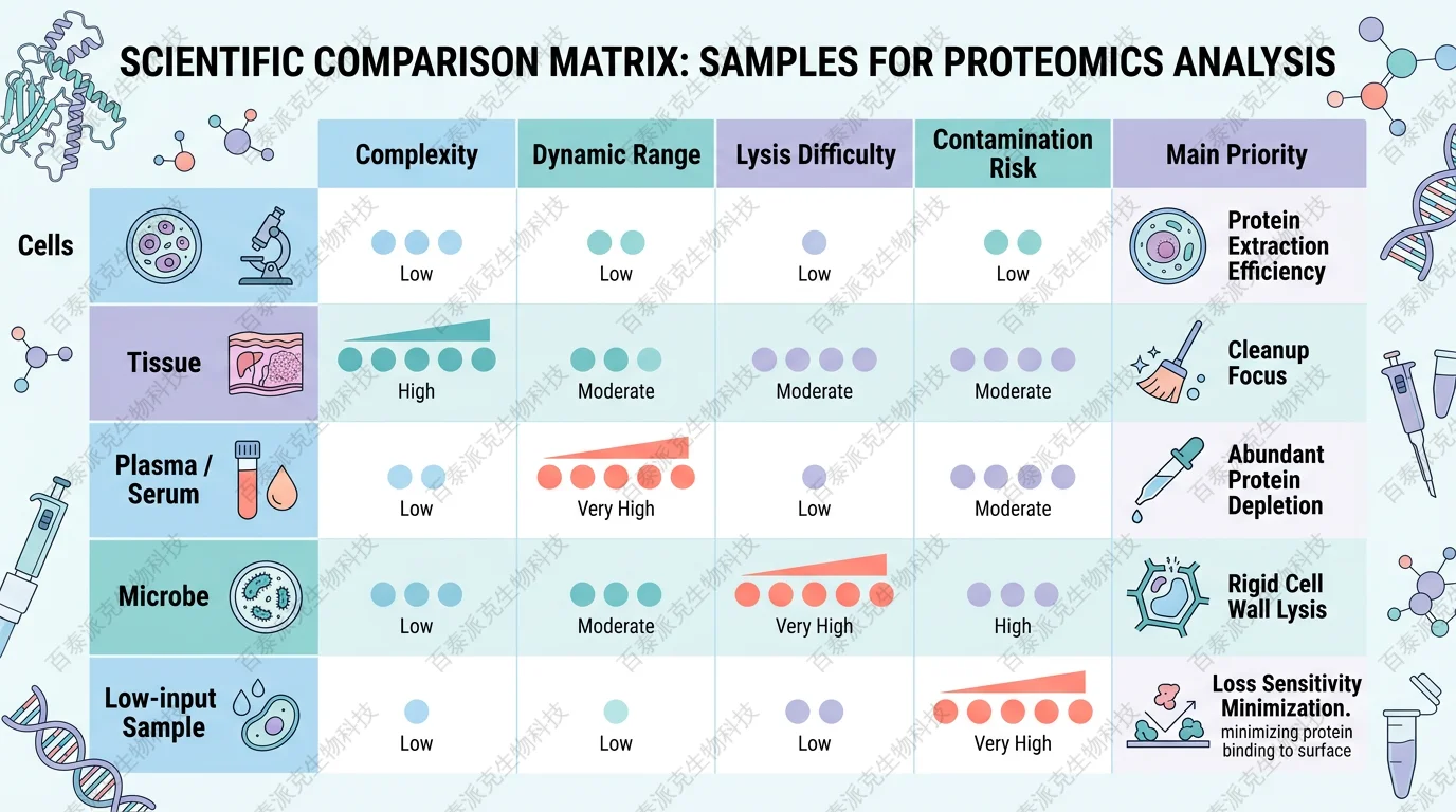 Comparison matrix of sample types, complexity, dynamic range, pretreatment difficulty, and identification priorities with English labels