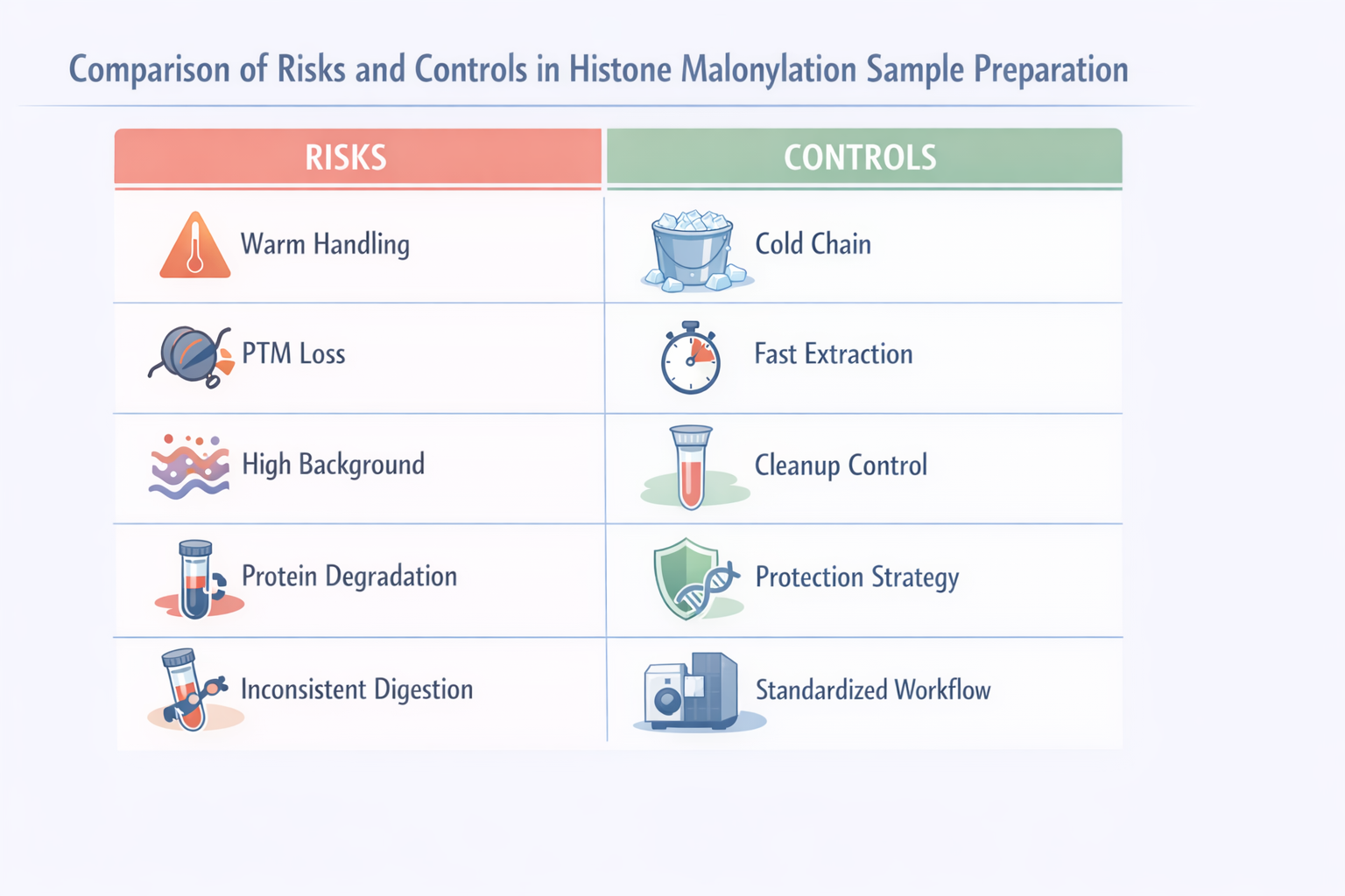 Comparison of risks and controls in histone malonylation sample preparation with English labels