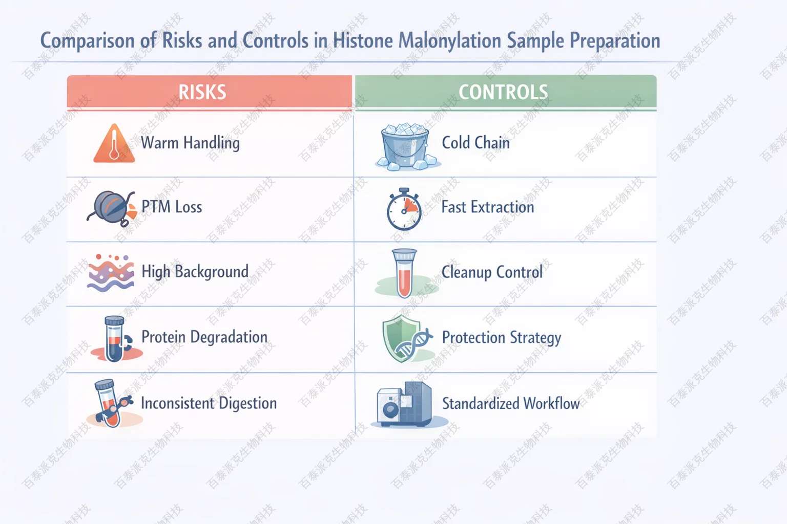 Comparison of risks and controls in histone malonylation sample preparation with English labels