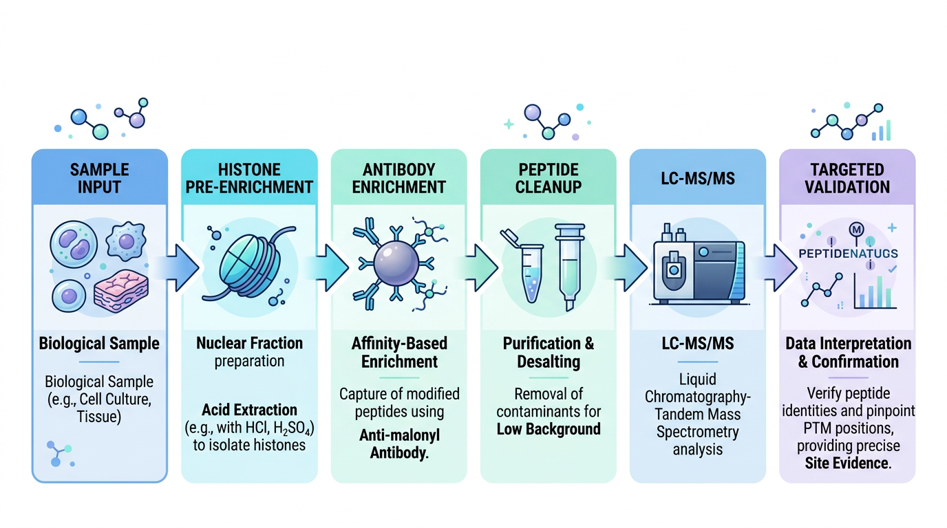 Flowchart of histone malonylation enrichment strategies with English labels Flowchart of histone malonylation enrichment strategies with English labels