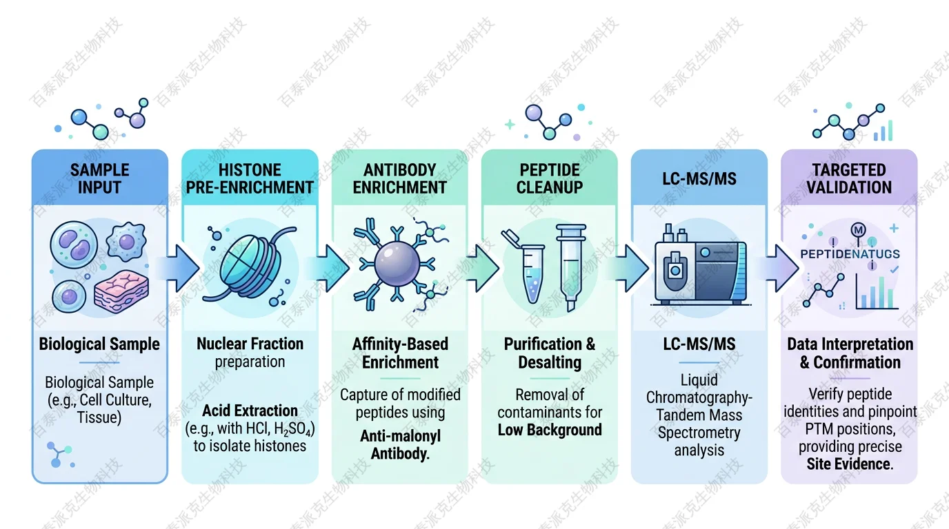 Flowchart of histone malonylation enrichment strategies with English labels