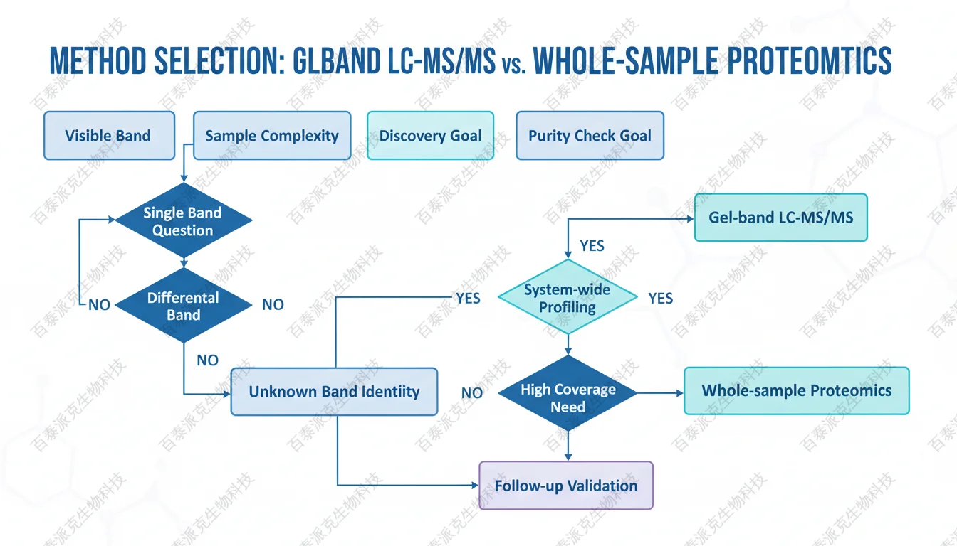 Decision framework for choosing gel band LC-MS/MS versus whole-sample proteomics with English labels
