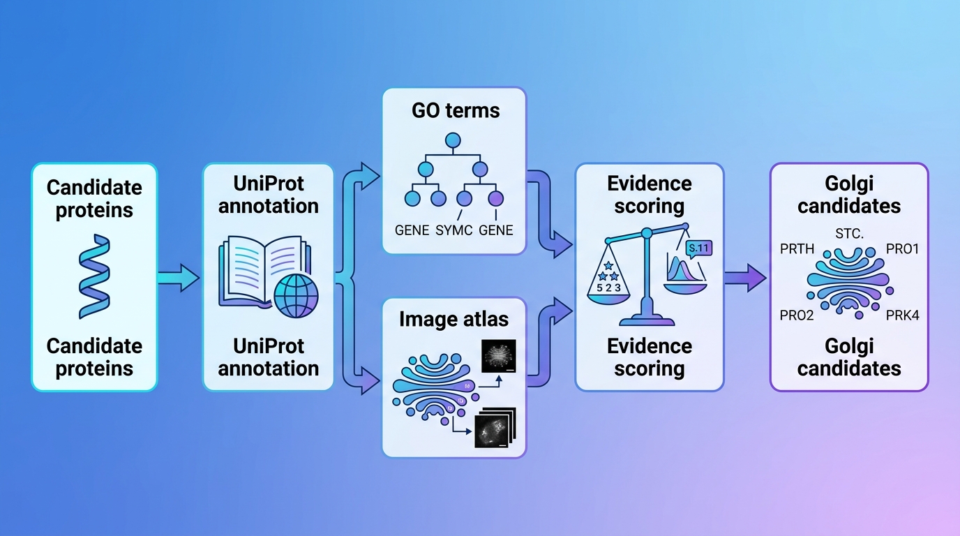 Workflow for building a Golgi annotation evidence chain across databases with English labels Workflow for building a Golgi annotation evidence chain across databases with English labels