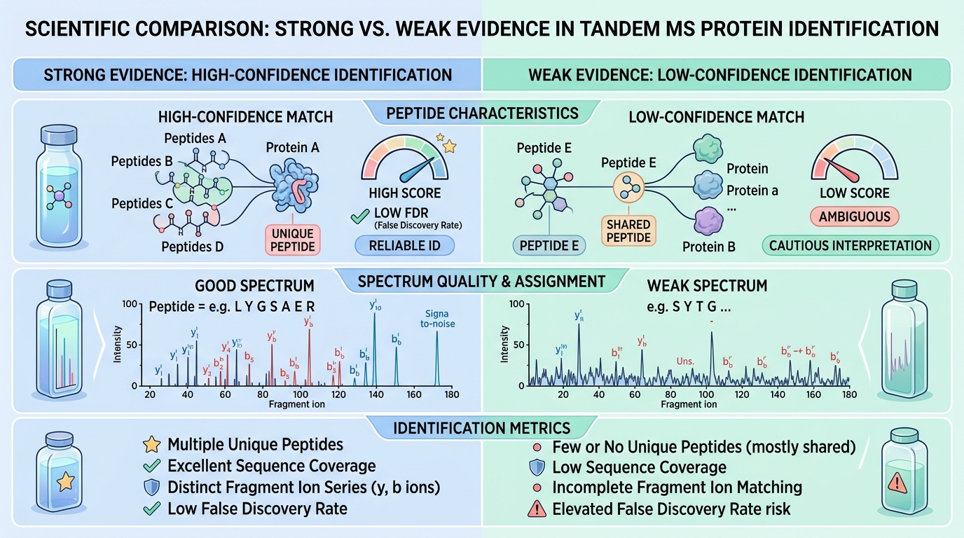 Comparison of strong and weak evidence in tandem MS protein identification with English labels