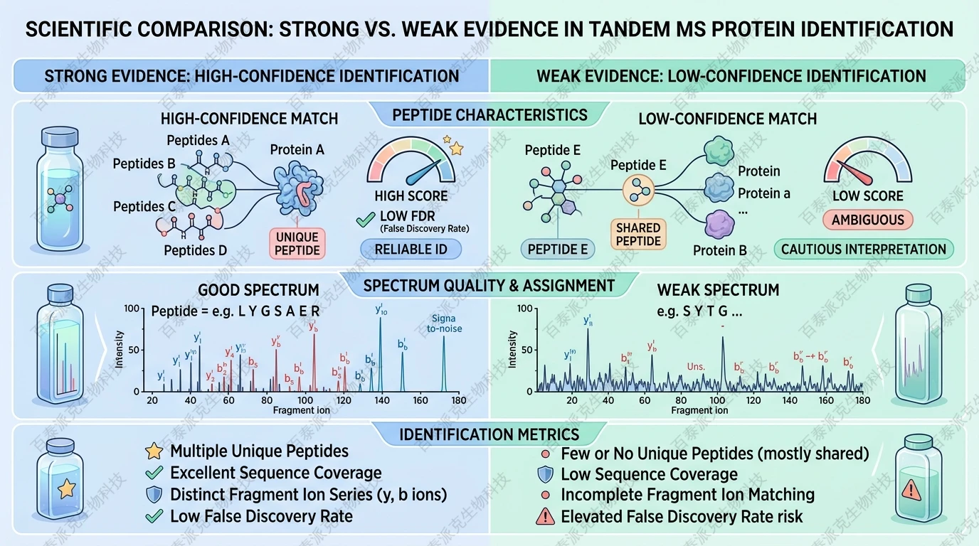 Comparison of strong and weak evidence in tandem MS protein identification with English labels
