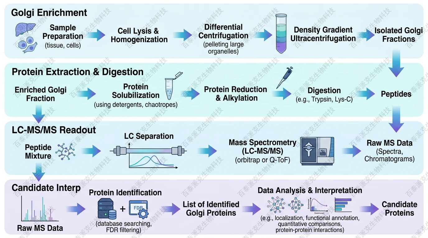 Workflow of Golgi proteomics strategies from enrichment to candidate proteins with English labels