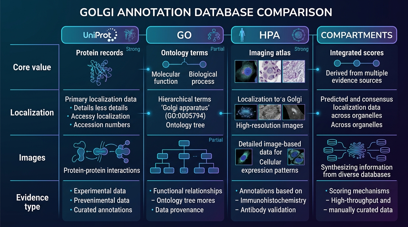 Comparison of major databases supporting Golgi protein annotation and localization with English labels Comparison of major databases supporting Golgi protein annotation and localization with English labels
