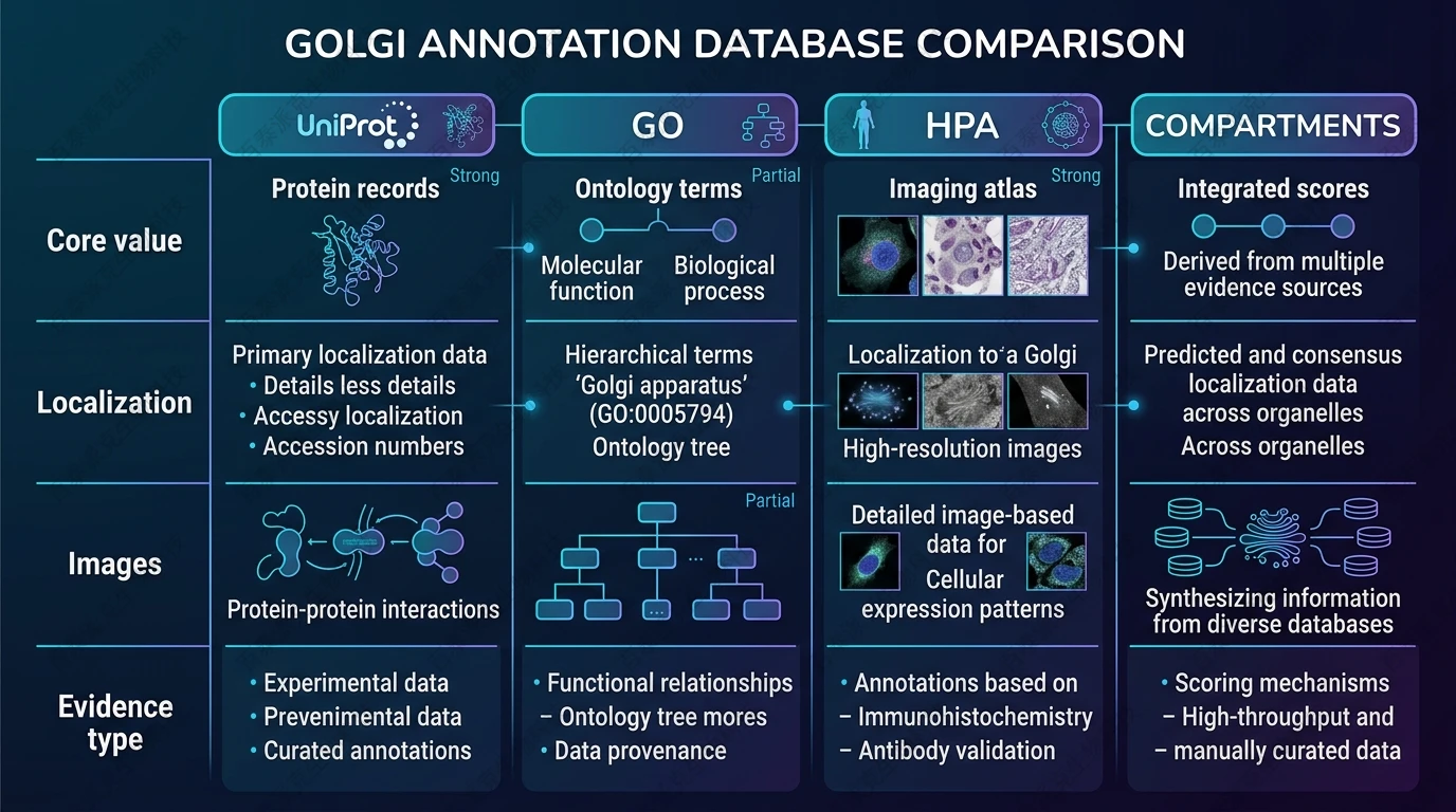 Comparison of major databases supporting Golgi protein annotation and localization with English labels
