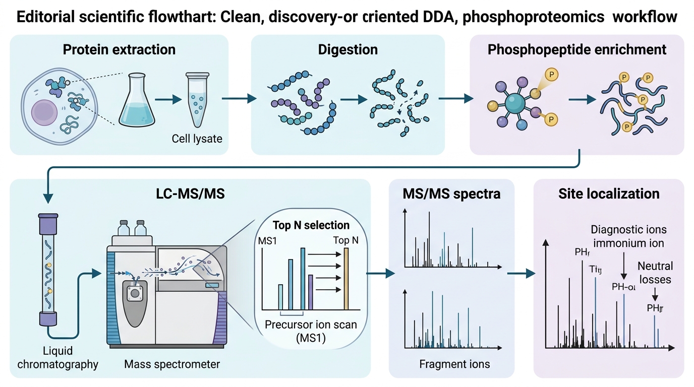 Workflow of DDA phosphoproteomics from enrichment to site identification with English labels