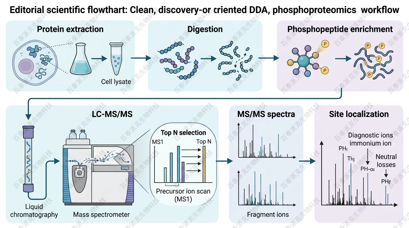 Workflow of DDA phosphoproteomics from enrichment to site identification with English labels