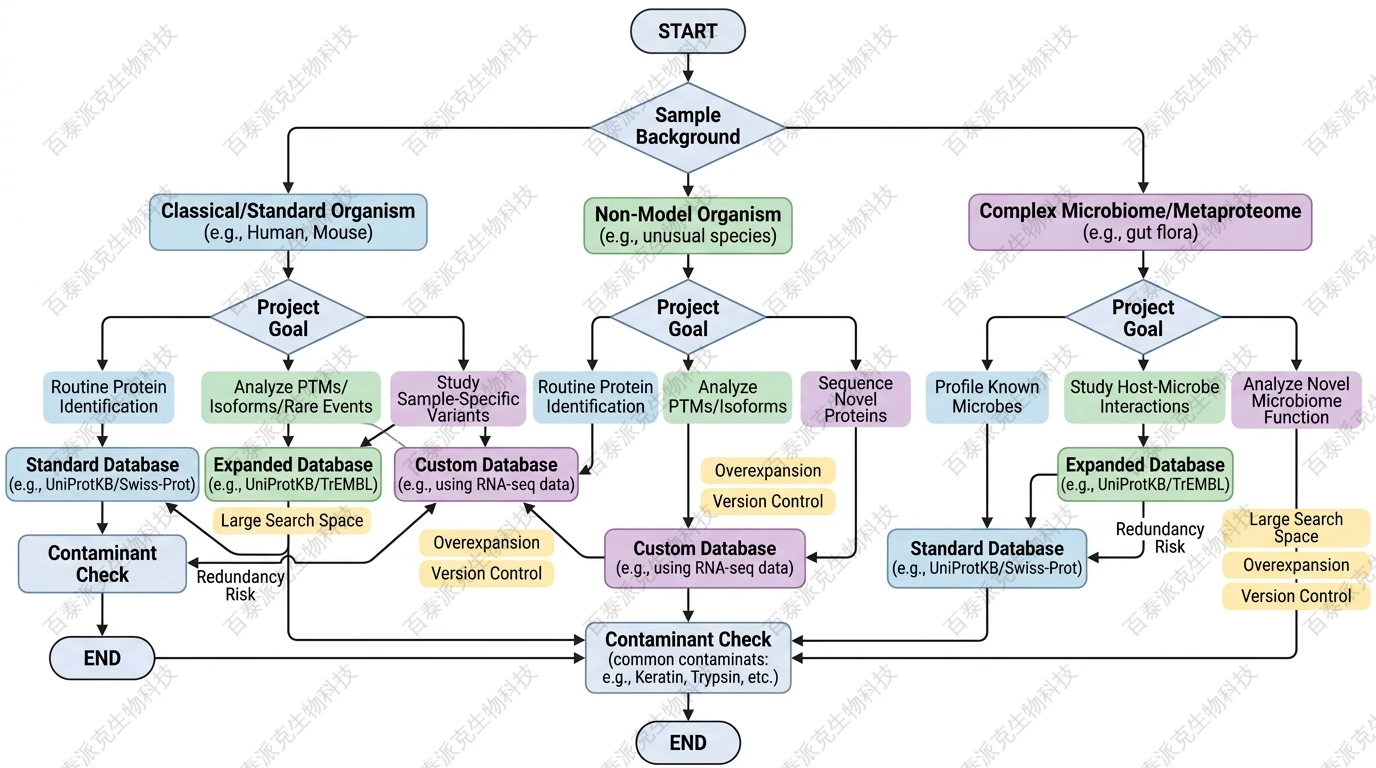 Decision framework for choosing proteomics databases by sample type and project goal with English labels