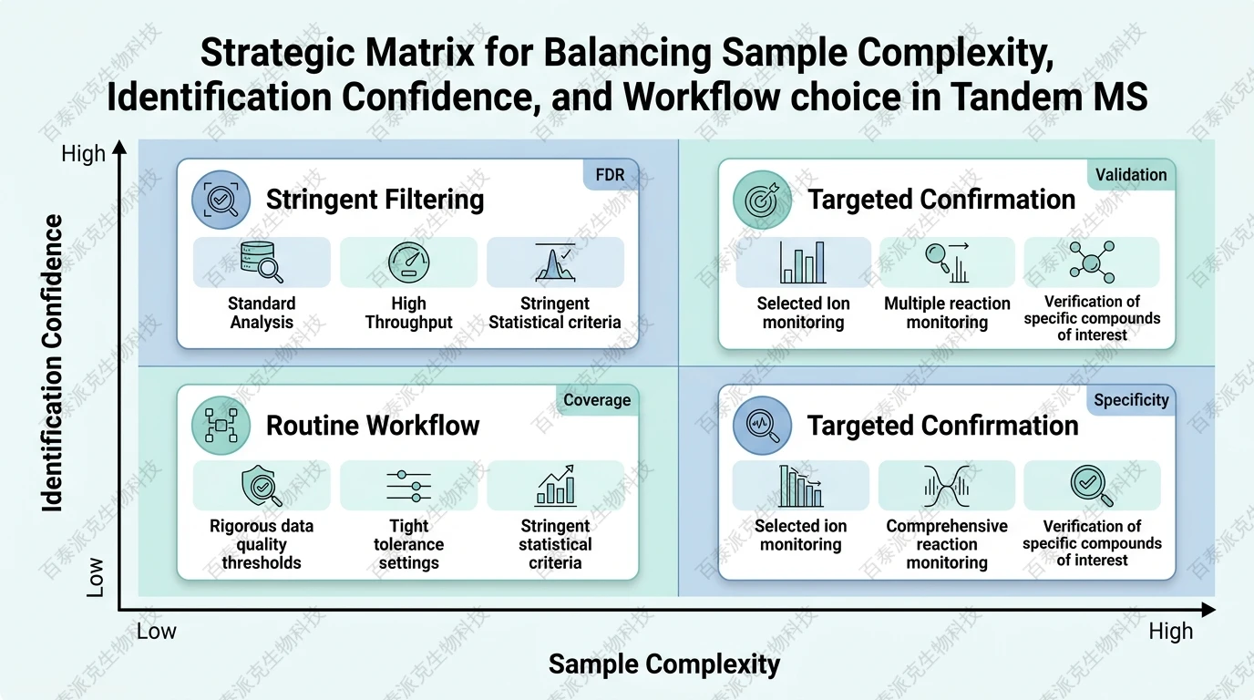 Strategy matrix for sample complexity, identification confidence, and workflow choice in tandem MS with English labels