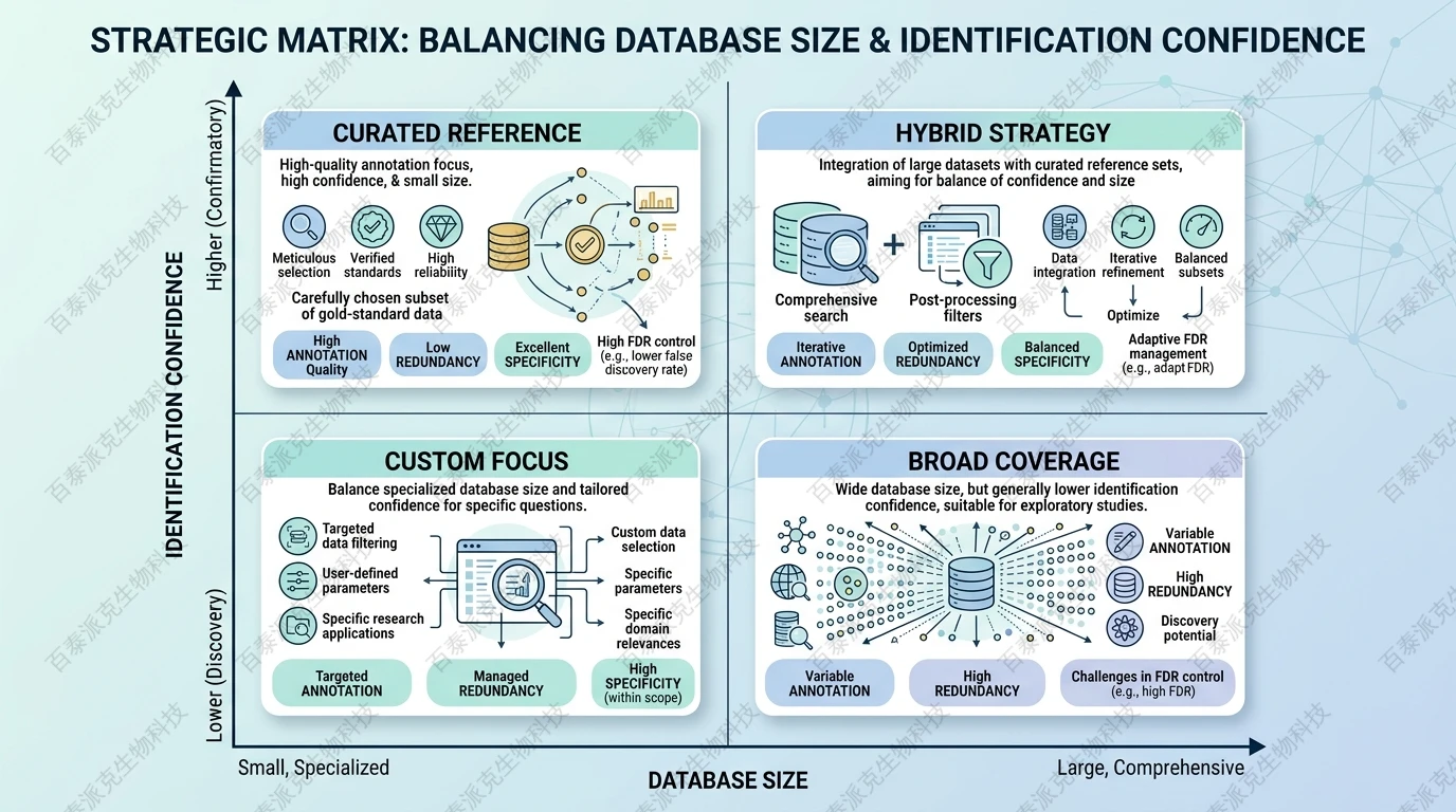 Strategy matrix for database size, annotation quality, and identification confidence with English labels