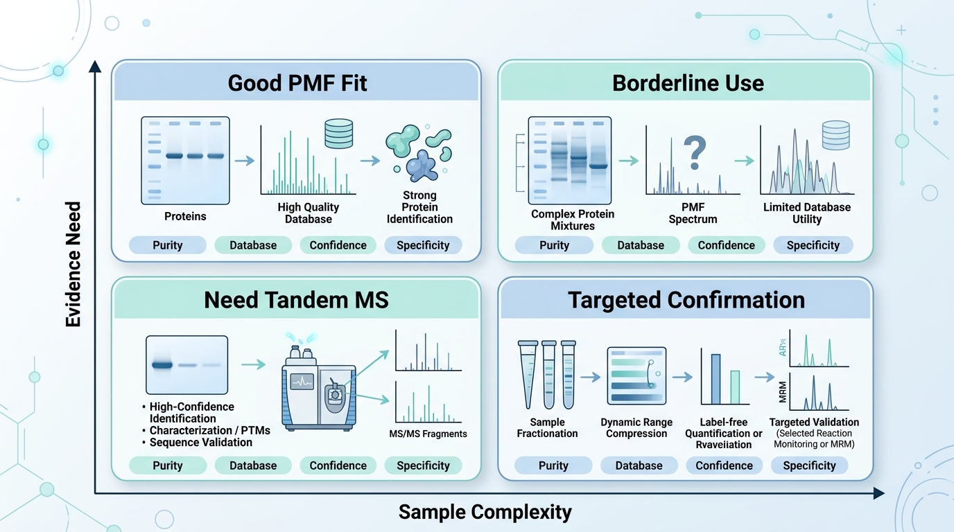 Strategy matrix for PMF suitability, sample complexity, and confidence needs with English labels