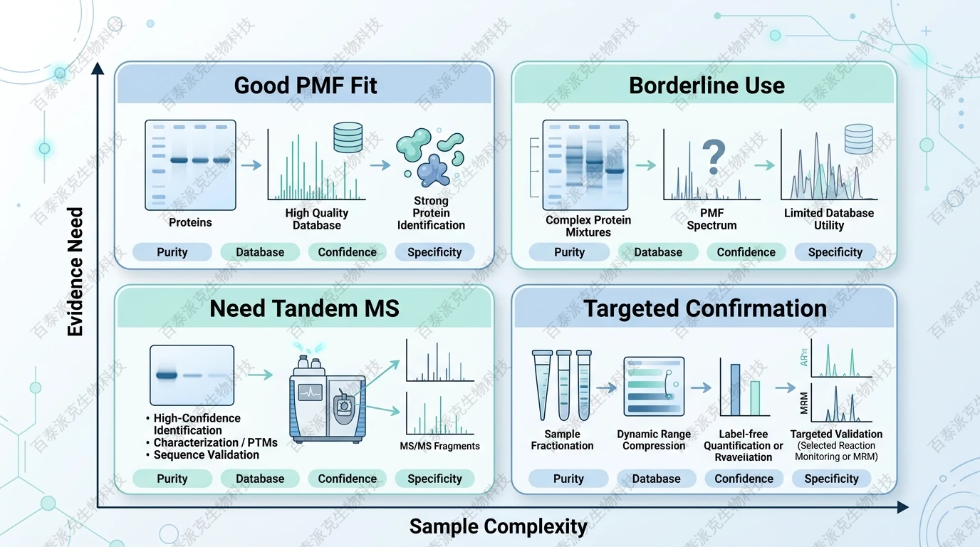 Strategy matrix for PMF suitability, sample complexity, and confidence needs with English labels
