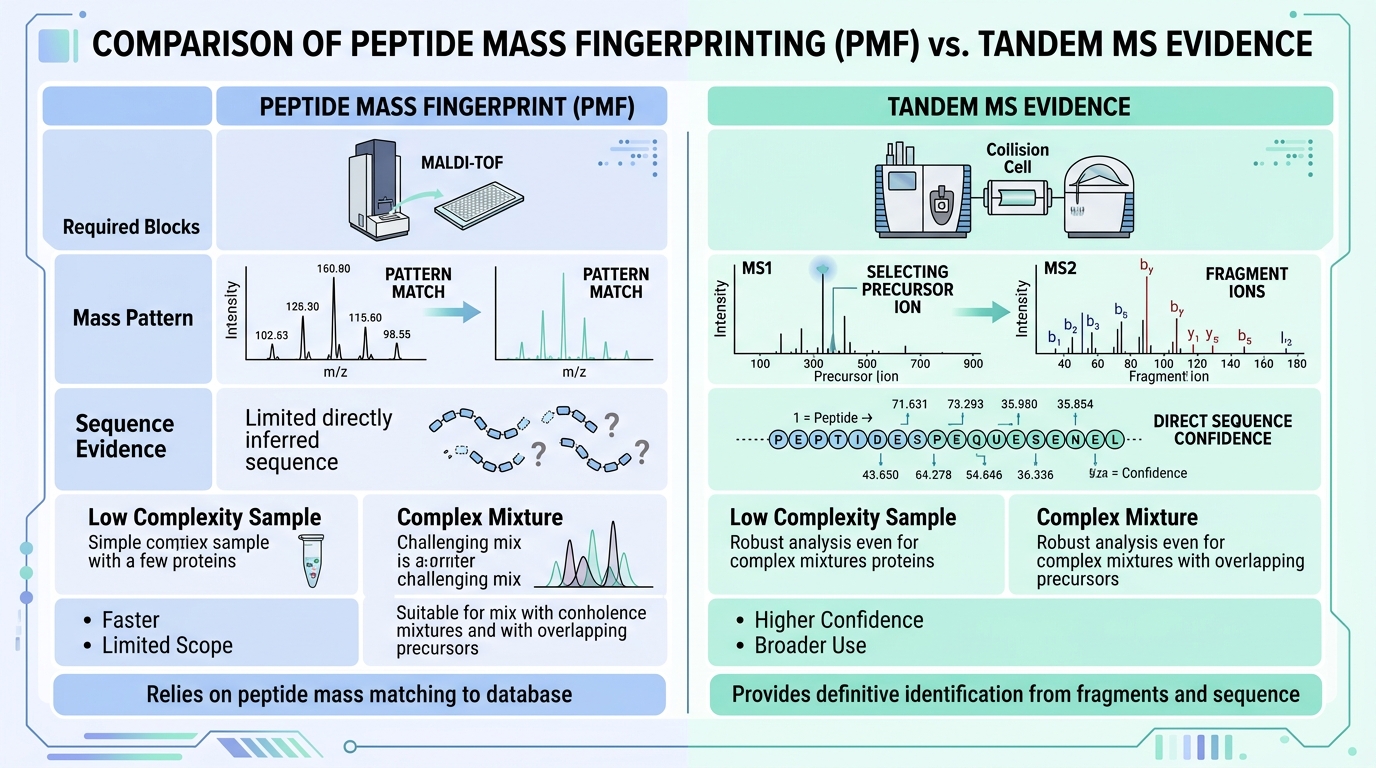 Comparison of peptide mass fingerprint and tandem MS evidence with English labels
