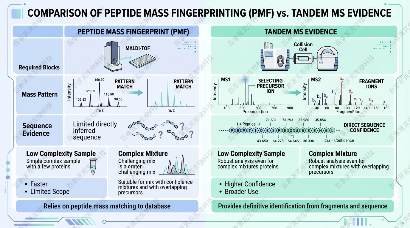 Comparison of peptide mass fingerprint and tandem MS evidence with English labels