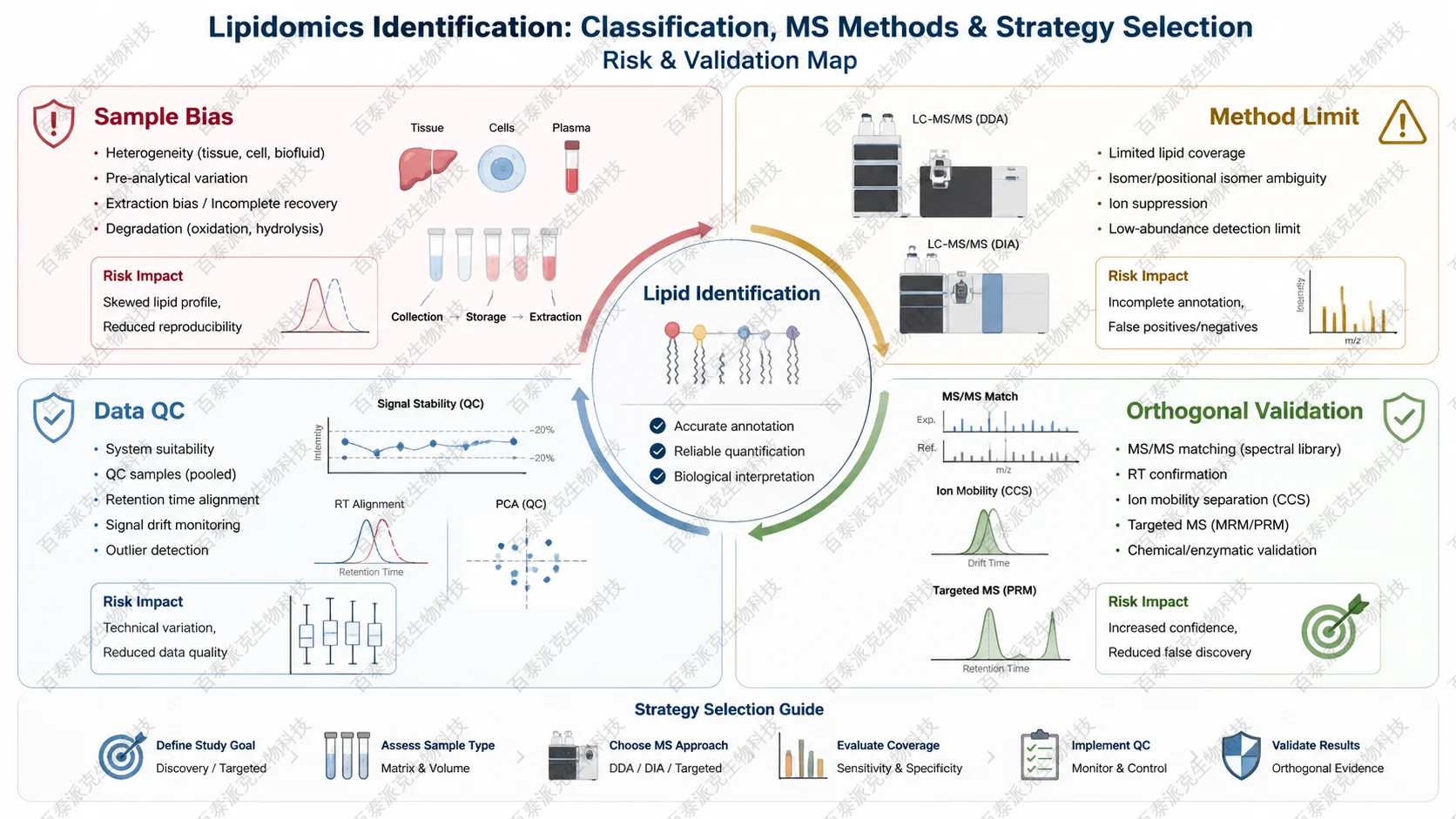 Risk and validation map for 脂质组学鉴定技术:分类、质谱方法与方案选择 with English labels: Sample Bias, Method Limit, Data QC, Orthogonal Validation lipidomics-identification-technology-guide-5
