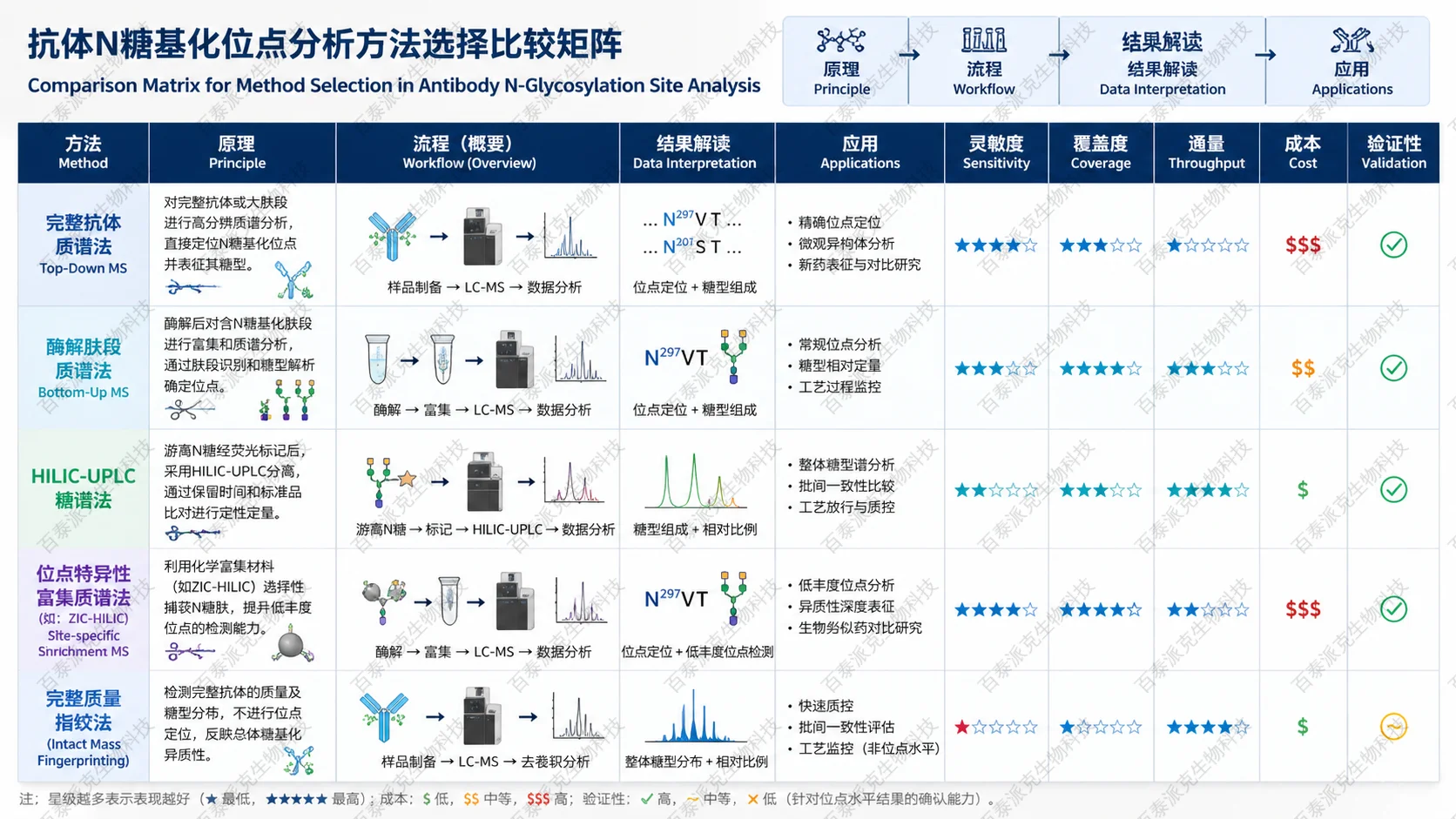 Comparison matrix for method selection in 抗体N糖基化位点分析：原理、流程、结果解读与应用 with English labels: Sensitivity, Coverage, Throughput, Cost, Validation