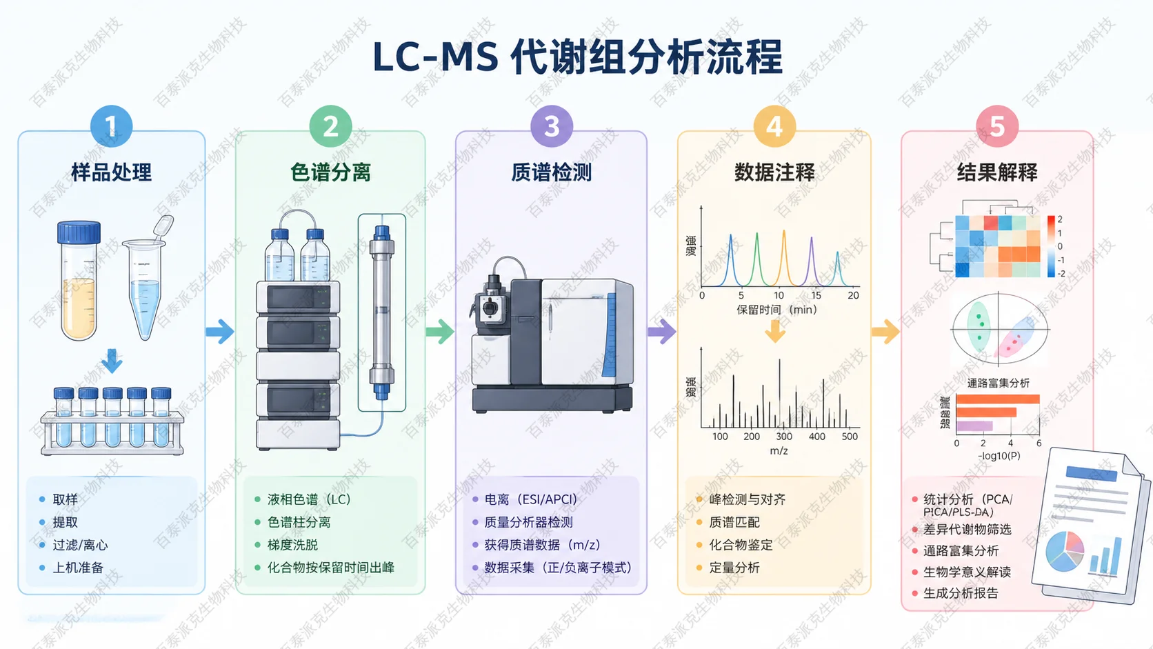 LC-MS 平台从样品到代谢物结果的分析框架，包含样品处理、色谱分离、质谱检测、数据注释和结果解释