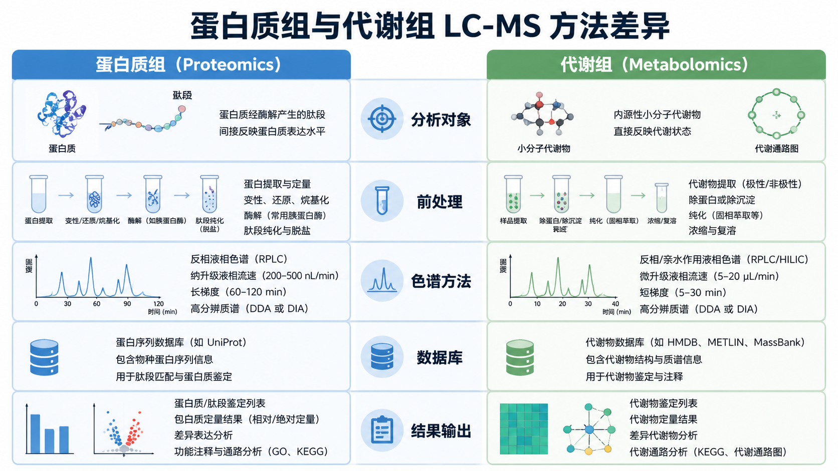 蛋白质组与代谢组 LC-MS 方法对比图，显示分析对象、样品处理、色谱方法、数据库和结果输出差异