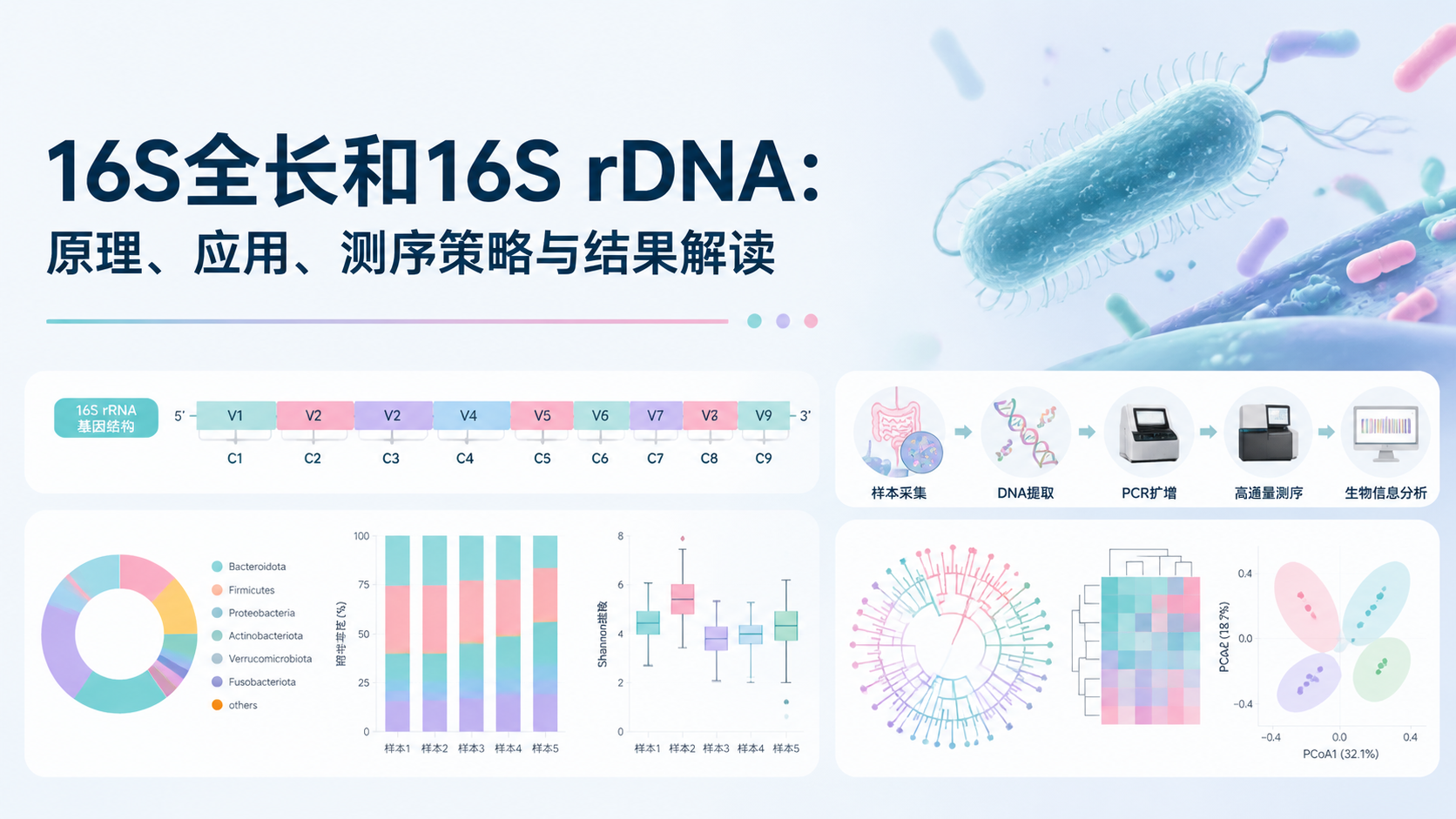 封面：16S全长和16S rDNA：原理、应用、测序策略与结果解读概念图