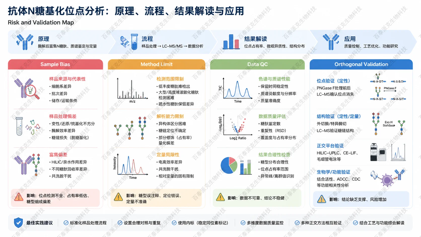 Risk and validation map for 抗体N糖基化位点分析：原理、流程、结果解读与应用 with English labels: Sample Bias, Method Limit, Data QC, Orthogonal Validation