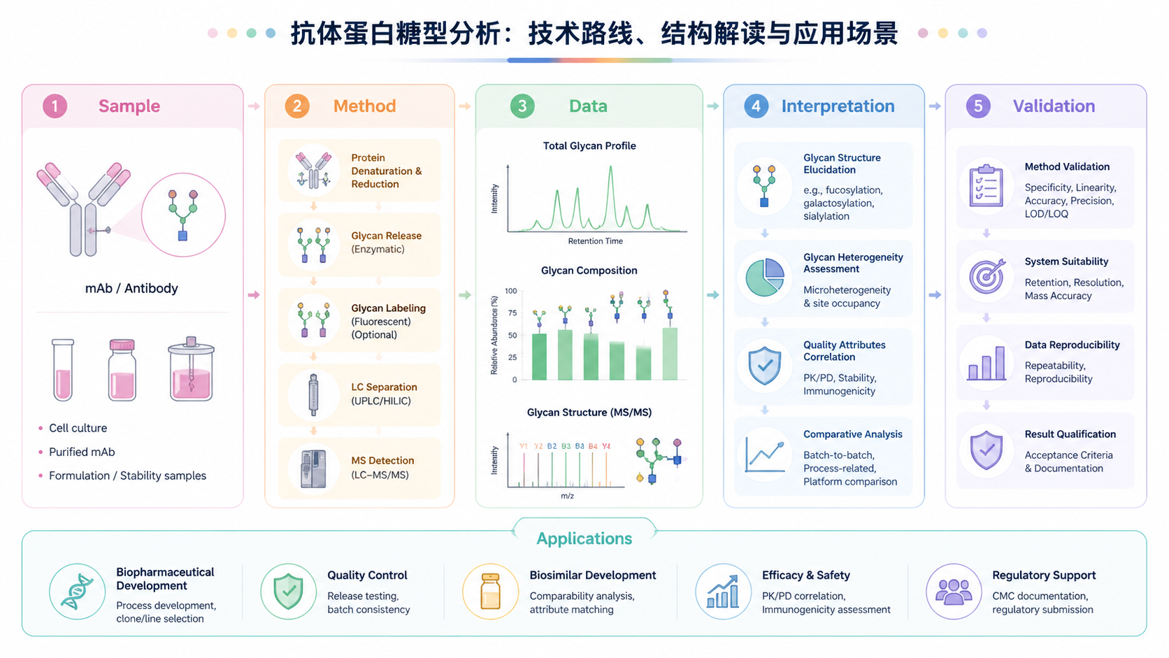 Scientific framework diagram for 抗体蛋白糖型分析：技术路线、结构解读与应用场景 with English labels showing sample, method, data, interpretation, and validation