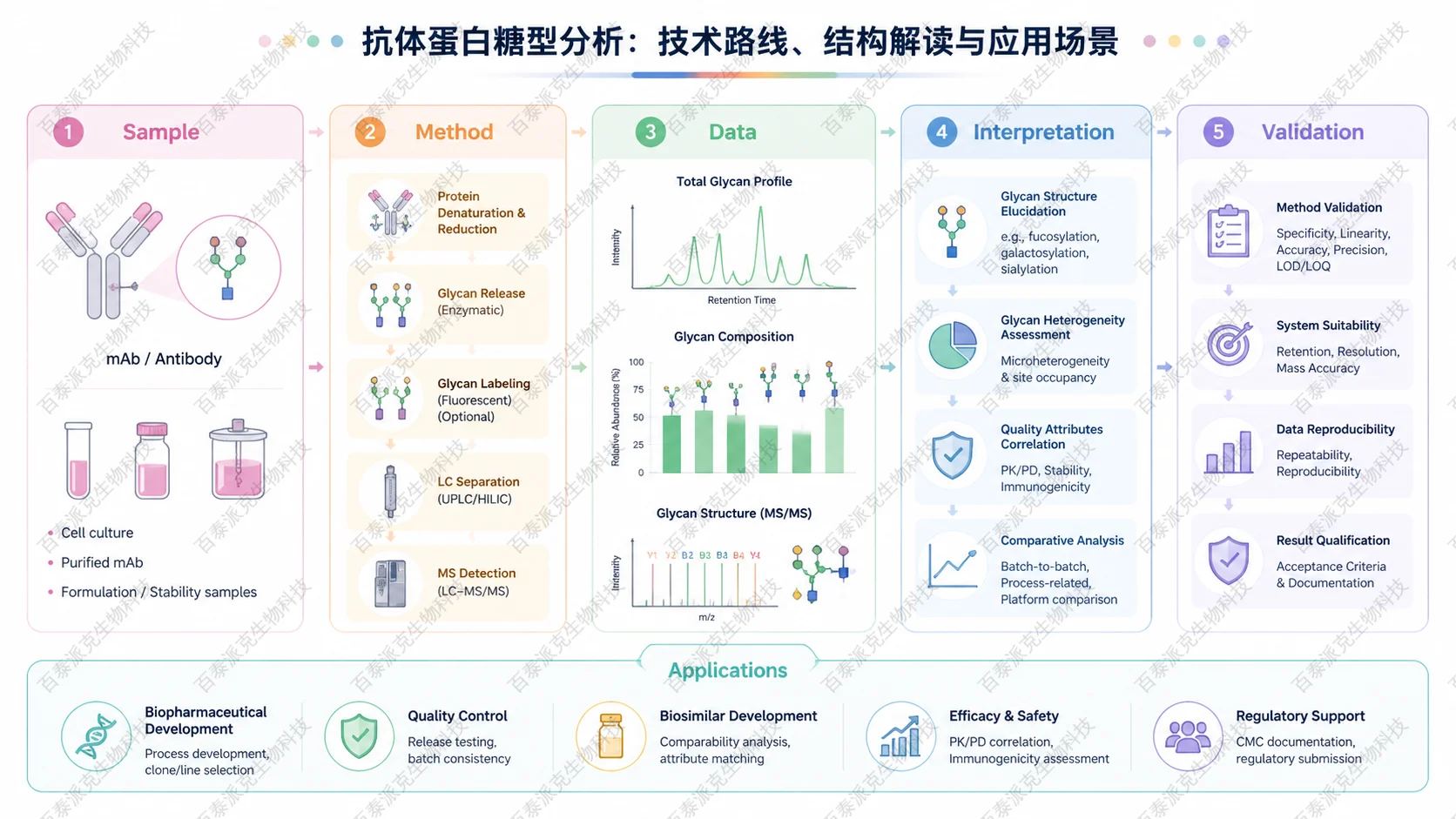 Scientific framework diagram for 抗体蛋白糖型分析：技术路线、结构解读与应用场景 with English labels showing sample, method, data, interpretation, and validation