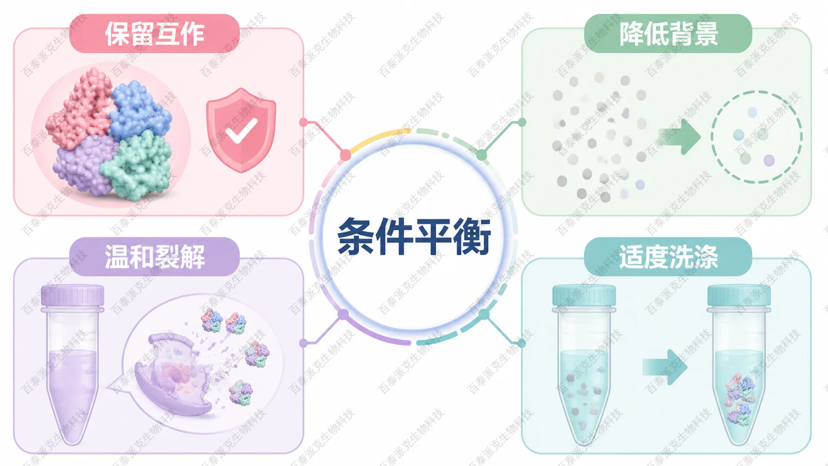Co-IP 实验条件平衡图，展示温和裂解、洗涤强度、复合物保留和背景控制之间的关系