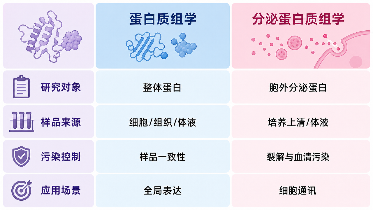 分泌蛋白质组学与常规蛋白质组学在样品、目标和解释重点上的差异