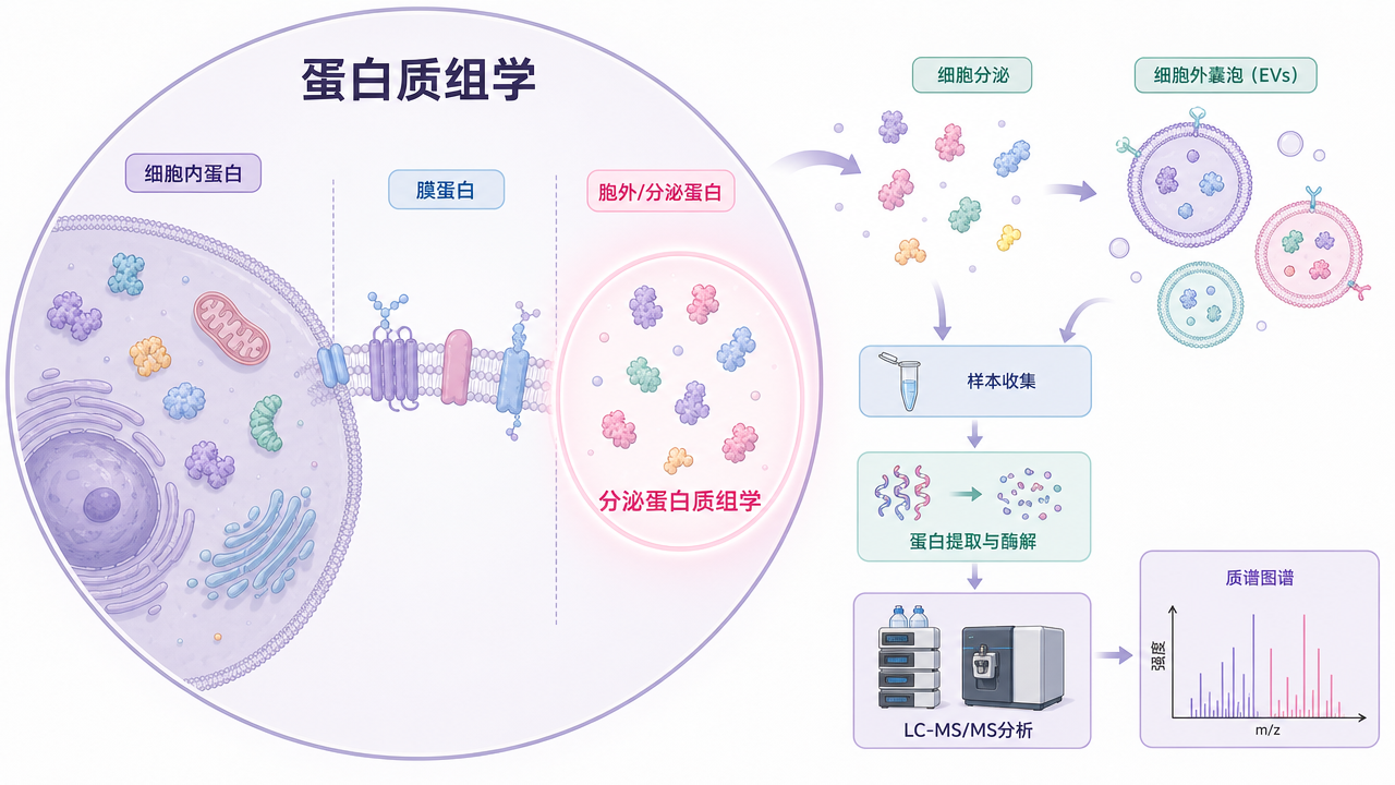 分泌蛋白质组学聚焦胞外释放蛋白，常规蛋白质组学覆盖整体蛋白表达