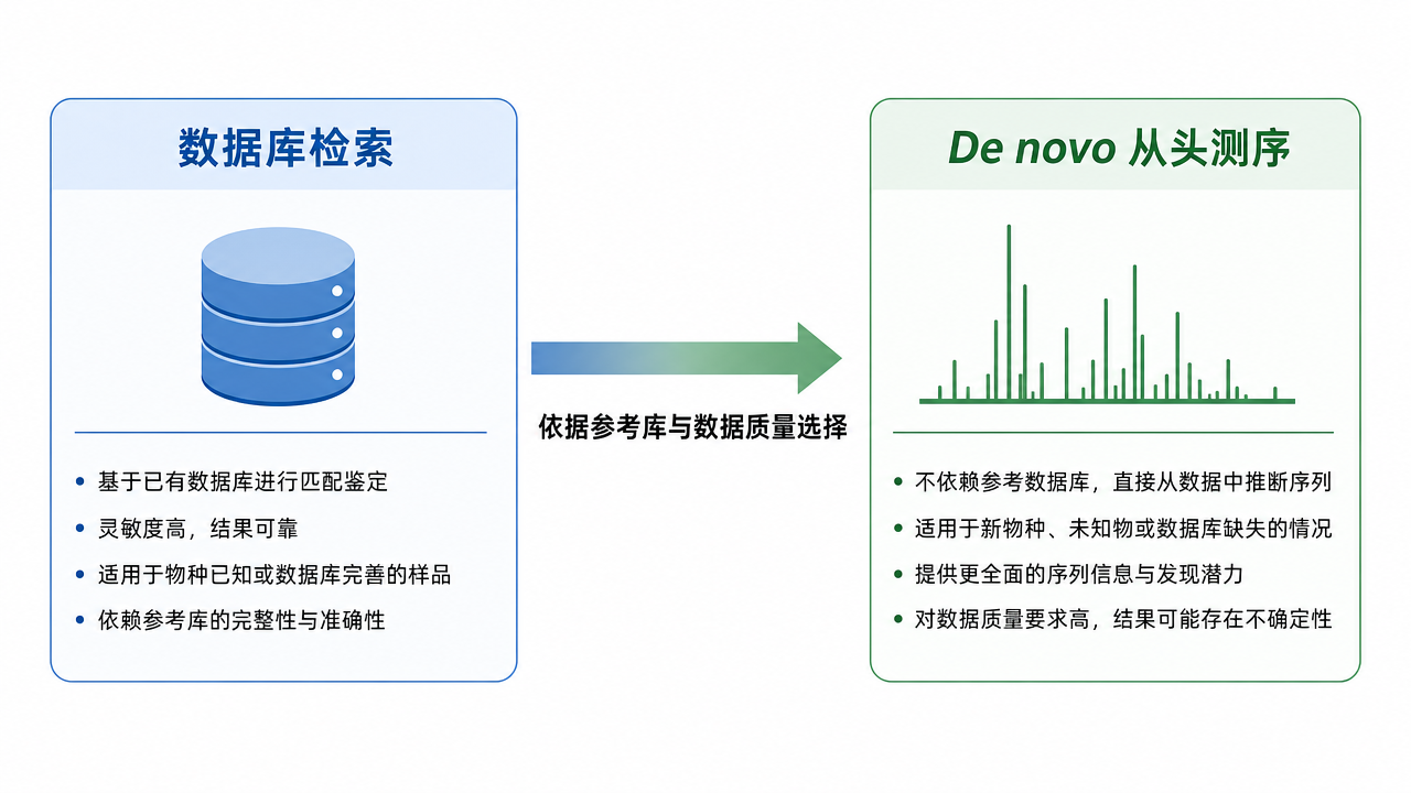 方法選擇：數據庫檢索與 De novo 的適用邊界