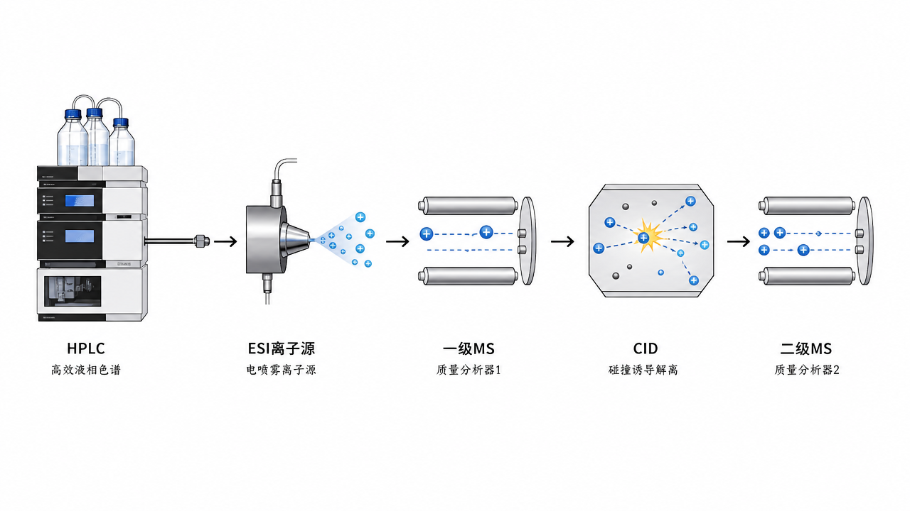LC→MS→MS/MS 概念链:分离、电离、选择与碎裂 LC→MS→MS/MS 概念链:分离、电离、选择与碎裂