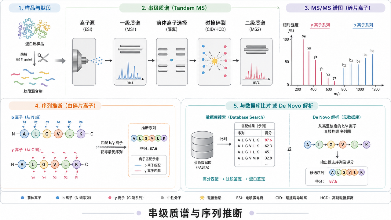 肽段串联质谱碎裂与序列推断示意