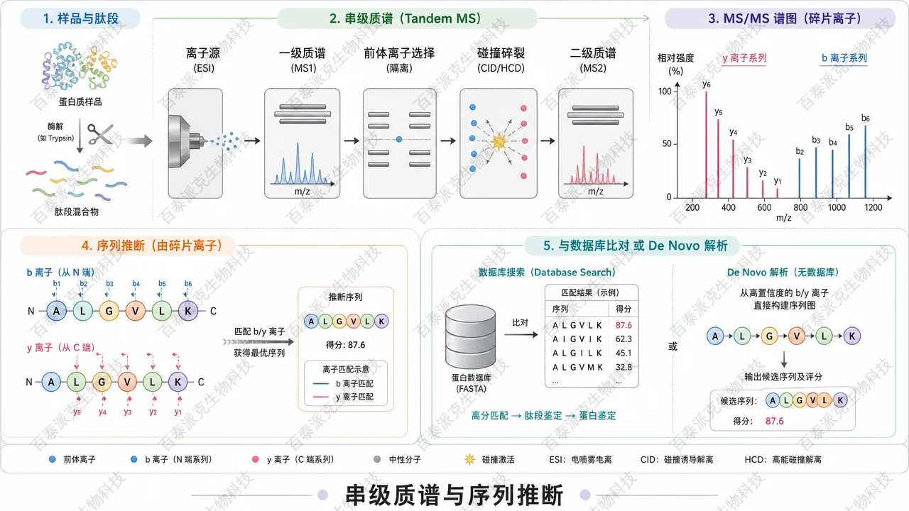 肽段串联质谱碎裂与序列推断示意