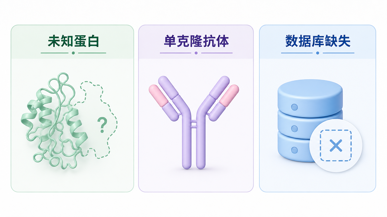 典型適用場景：未知蛋白、抗體與數據庫缺失樣品