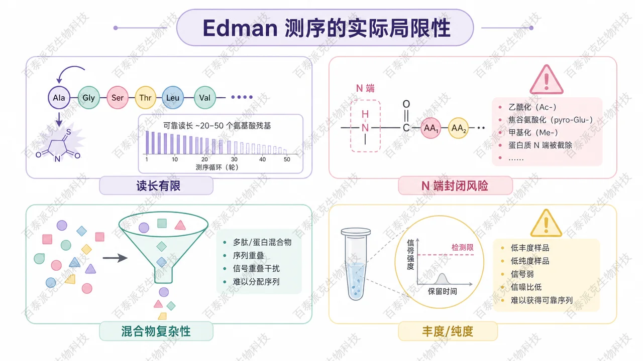 Edman 测序读长、N端封闭、混合物与样品丰度等局限性信息图