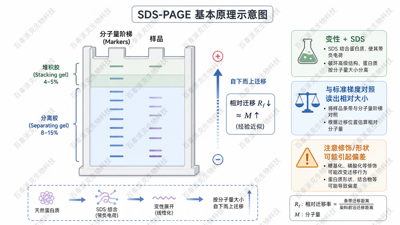 典型 SDS-PAGE:分子量梯度与样品条带迁移对照示意