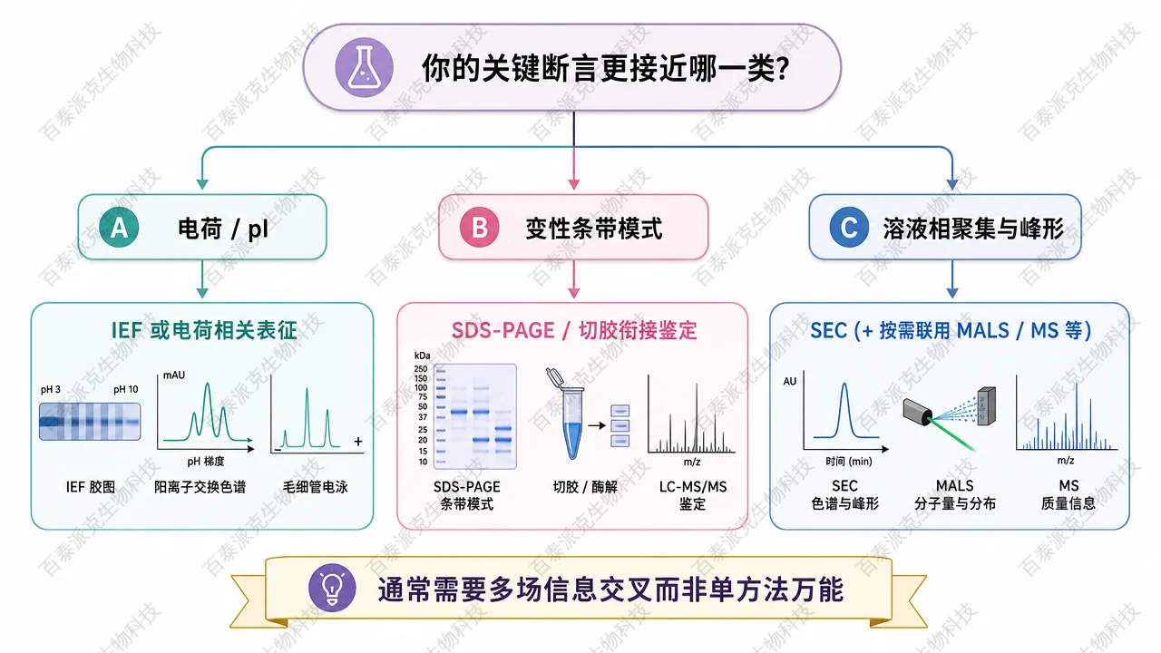 按电荷、pI、条带模式与 SEC 峰形分支的方法选择流程图