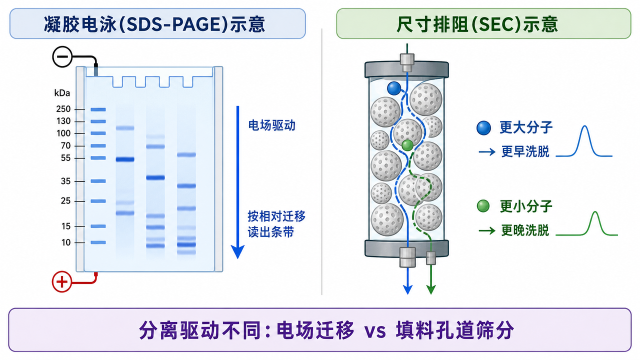 SDS-PAGE 电场迁移与 SEC 多孔填料筛分路径对比示意图 SDS-PAGE 电场迁移与 SEC 多孔填料筛分路径对比示意图