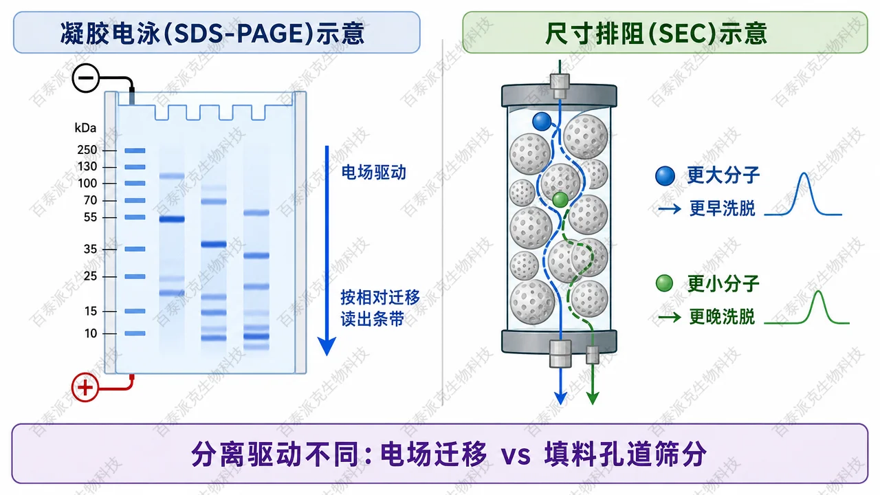 SDS-PAGE 电场迁移与 SEC 多孔填料筛分路径对比示意图