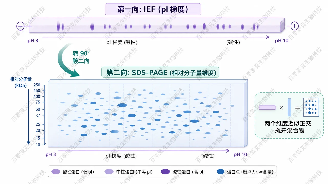二维电泳 IEF + SDS-PAGE 正交展开示意图